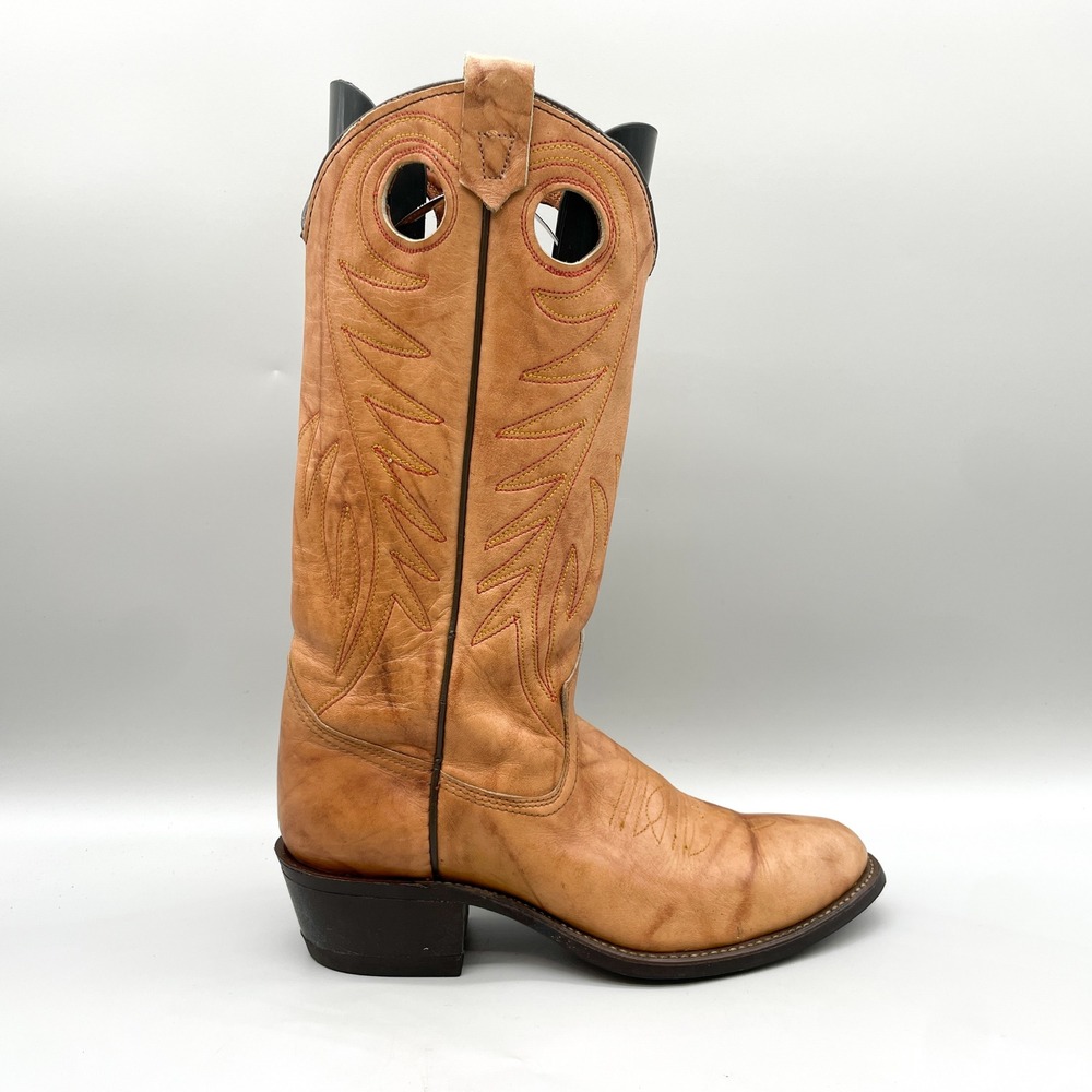 Texas Brand Mens 7.5 D Western Cowboy Boots Tan Leather Stitched VTG Rustic